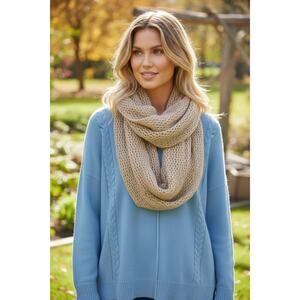Phenix 100% Cashmere Knit Infinity Scarf Oatmeal Beige Luxury Soft Scarf